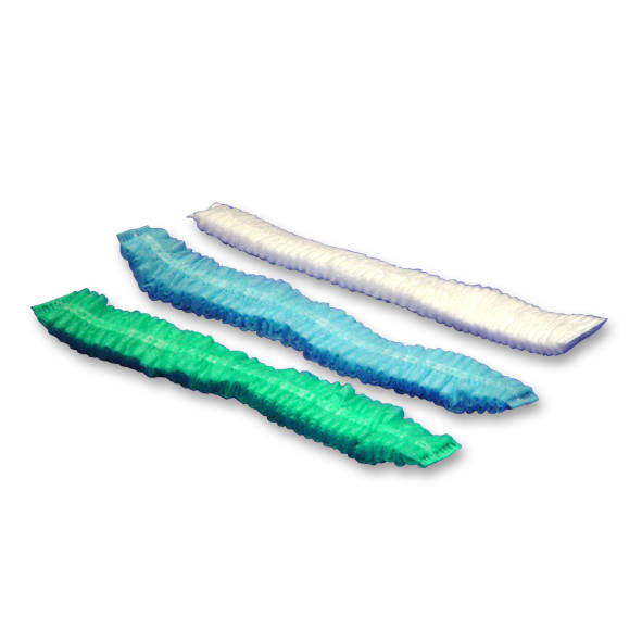 Three folded bouffant caps in green, blue and white