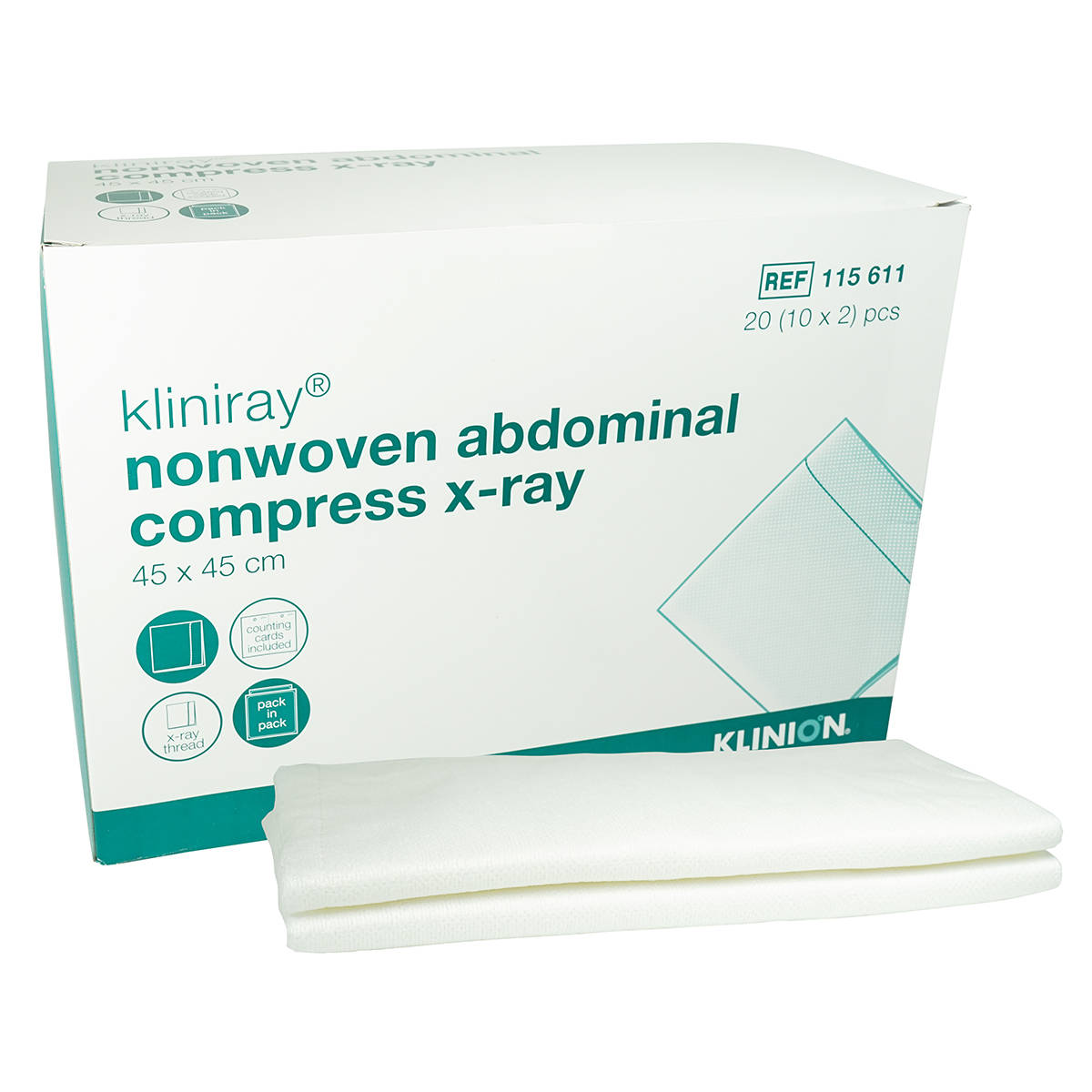Non-woven abdominal compress with x-ray detectable thread