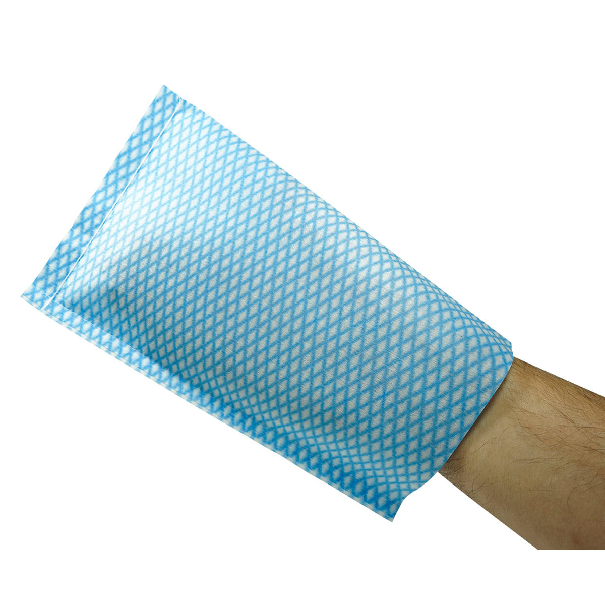 Blue non-woven washcloth on hand